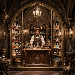 inside a magical item shop, fantasy potion vendor interior, ufotable studio art style, gothic interior, 8 k, octane render, unreal engine