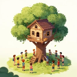 The battle for the treehouse, small group of kids trying to take a treehouse from another small group of kids, artwork by Craig Mullins,Movie poster, detailed, trending on artstation, isometric
