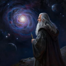 a beautiful painting of gandalf watching ngc 6 3 0 2 in the sky of an alien world, ray traced lighting by jean kalin popov and greg rutkowski