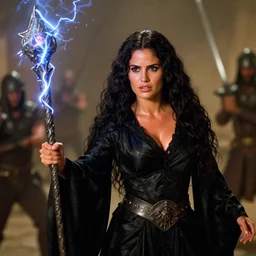 epic photo of salma hayek as beautiful medieval sorceress with very long black hair wearing a black satin robe and metal belt, battle scene, holding her wizard staff electricity emanating from it, sweaty, in the film flash gordon 1 9 8 0, movie still, cinematography by david fincher