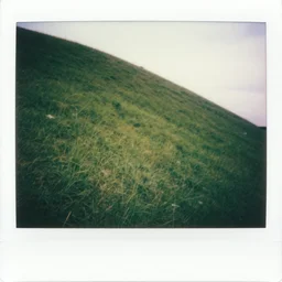 polaroid photo of a green empty steep grass hill with no trees, flash photography, strange unnatural lighting, flash photography, uncanny, fish eye lense photograph