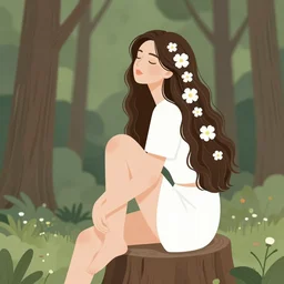 woman sitting on the stump in the forest. trees,  Long wavy hair. Flowers in her hair. Flowers on the body, white thick smoke, white dress Renowned character illustration by,  Dan Mumford, Greg Rutkowski, Trending on artstation
