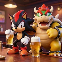 an ultradetailed 3 d render of shadow the hedgehog and bowser sitting in a bar drinking beer, dive bar with a karaoke machine, volumetric lighting, 4 k, octane render, in the style of mario and sega