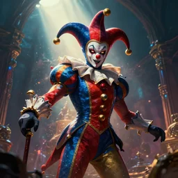 an impressive ominous cinematic shot photo of a court jester volumetric dynamic fluid simulation lighting light god rays impressive masterpiece hyper detailed intricate sharp focus 8 k realistic illustration canon eos r 3 fujifilm x - t 3 0 sony alpha, by james gurney tooth wu artgerm colorful!!!, trending on artstation behance cgsociety, octane render nvidia raytracing demo