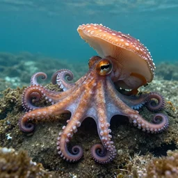 a beautiful nature photograph of a rare magic mushroom octopus with curling be tentacles crawling out of the sea onto the rocky shore and changing the nature of reality