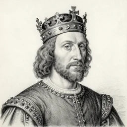 portrait of king Harald V of Norway with a crown, wearing 15th century clothes hand drawn by da Vinci, pencil on parchment