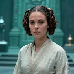 screenshot portrait of Princess Leia alone in a teal Temple scene from the last jedi, 1980s film by Stanley Kubrick, 4k serene, iconic , photoreal portrait Carrie fischer, detailed face, moody lighting stunning cinematography, hyper detailed, sharp, anamorphic lenses, kodak color film