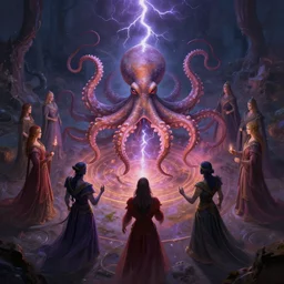 mages in circle summoning an evil octopus beast. lighting, flux. fantasy, digital painting, hd, ultra - detailed.