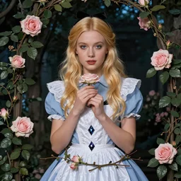 Alice in Wonderland,a portrait of a beautiful blond hair girl,Diamonds Blaze,Rose twining,luxuriant,dreamy, eternity, romantic,highly detailed,in the style of Franz Xaver Winterhalter, highly detailed,night lighting