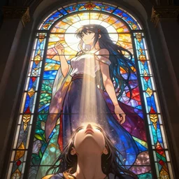 Rays of light pass through a stained glass window in the shape of an anime girl, looking up from the bottom, volumetric light, ray tracing, dust and particles, 8k, octane render, interior design, anime temple, artstation trends, colourfulness