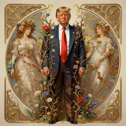 symmetry!! full body portrait!!!! of a beautiful!!!! donald trump, pretty face, decorated with twigs and flowers, intricate, elegant, highly detailed, digital painting, artstation, concept art, smooth, sharp focus, illustration, art by artgerm and greg rutkowski and alphonse mucha, 8 k