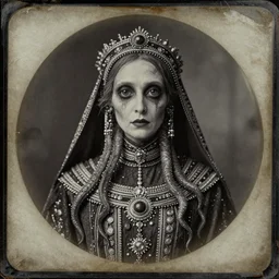 baroque framed tintype of lovecraftian priestess. big dark eyes. tentacles. ornate. ceremonial robes. lovecraftian face. high priestess. daguerreotype. highly detailed.. 1 9 0 0