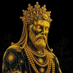 detailed ai bot giga mind golden statue, by james gurney + intricate and vibrant gold line work + tarot card + mandelbulb fractal + full of black layers + portrait + trending on artstation + incredible gold and black gothic illustration + exquisite detail