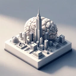 isometric view polaroid of a brain city by moebius