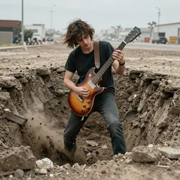 photograph of if the guitar player looks like this, you're about to die in that pit, 58mm, ultrarealistic