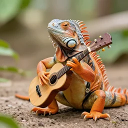 iguanas playing fanciful musical instruments