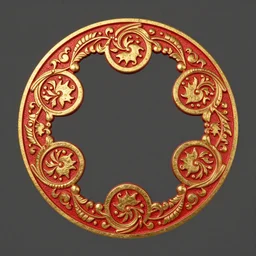 red and gold ornamental filigree swirls, boken