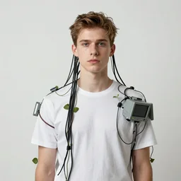 hyperrealist portrait of elijah zu bailey, it is decorated with long wires that fall like vines and wears small computers over their body. by jeremy mann and alphonse mucha, fantasy art, photo realistic, dynamic lighting, artstation, poster, volumetric lighting, very detailed faces, 4 k, award winning, anatomy!!