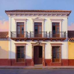 beautiful painting of colombian houses and storefront without characters, colonial architecture, intricate and smooth colors, front view, trending in artstation, colorful octane render, dawn light, art style by robh ruppel