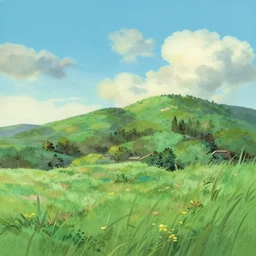 landscape by miyazaki, 2 d animation background art gouache painting by disney