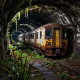 a rusted train, alone, in an empty dark flooded!!!!!!!!!! flooded!!!!!!!!!! london underground tunnel, overgrown with aquatic plants