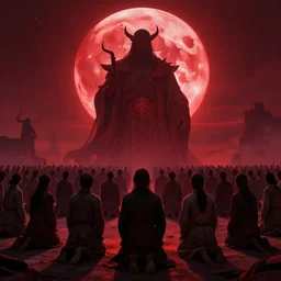 the god of destruction looms in front of a red moon as masses kneel before him in hope of salvation in the distant future, ominous, haunting, vibrant, concept art, sharp focus, trending on artstation, by ted nasmith, jim burns