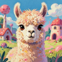vintage 90\'s anime mixed with pastel impasto highly rhythmic expressionistic wild symmetrical furry llama portrait pleasing palette trending on artstation super fluffy funhouse surreal unpredictable wild unexplainable fantasy land you could not have dreamed of in the gritty posterized grainy analog style of studio Ghibli and 1960s americana Comics, symmetrical, HQ 8k scan