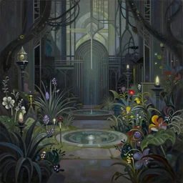 a gorgeous, fantastic, magic garden landscape by michael kidd, sturm und drang, art deco, trending on artstation, artgerm, acrylic on canvas, muted colors, darker,!! low contrast!!, chillwave