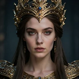 portrait of queen, zoom, close - up, macro, fantasy, rule of thirds, atmosphere, intricate, regal, viking, octane render, 8 k, unreal engine, lumen, symmetrical!!, loreal, maybelline, sephora, loreal, artstation, art by karol bak, art by artgerm, cinematic, concept art, filmic, vsco