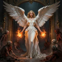 a beautiful faced angelic woman standing at the entrance gate of hell and spitting fire balls, lost souls in front of her, fantasy art, art by greg rutkowski and artgerm, amazing detail, hd, illustration, epic, intricate, elegant, artstation, concept art, smooth, sharp focus, cinematic