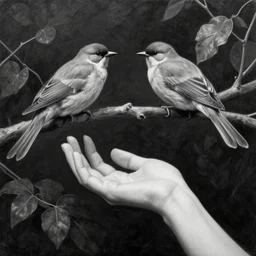 highly detailed beautiful black and white oil painting, birds, hand gesture, branches and foliage, beauty, dark, masterpiece, art by durero, riccardo federici, james jean, craig mullins, alphonse musha, illustration, draw, spatula, splash