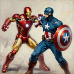 iron man fighting captain america painting by phil hale, francisco goya,'action lines '!!!, graphic style, visible brushstrokes, motion blur, blurry, hd image