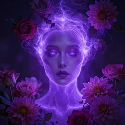 closeup portrait of an ethereal human made of purple light, divine, cyberspace, mysterious, surrounded by flowers, roses, dahlias, art by Artgerm
