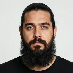 portrait of a man in his 30s with a long black beard and black hair pulled back into a pony tail, medium plump nose, blue eyes, tan complexion, visible gauges in both ears.