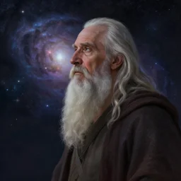 a divine old man looking out over the universe, solemn, melancholy, trending on artstation, beautiful matte painting