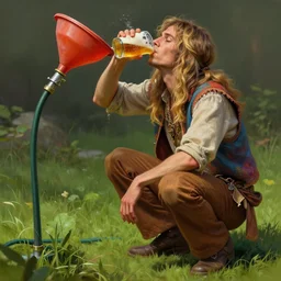 a hippie young man with blonde hair endings, crouching, drinking beer from a funnel installed on a garden hose, colourful clothes, grass, smooth, subtle shadows, fine details, octane render, stunning, intricate, elegant, highly detailed, digital painting, artstation, smooth, sharp focus, raw, art by zdzislaw beksinski