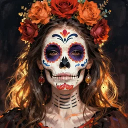 Illustration of a sugar skull day of the dead girl, art by hiroshi yoshida