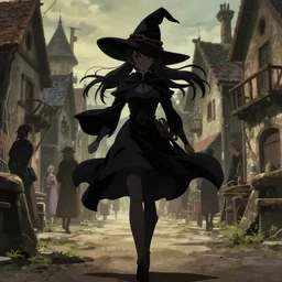 ( majo no tabitabi ), key anime visual portrait of a young female witch walking through a busy medieval village, dynamic pose, dynamic perspective, cinematic, dramatic lighting, detailed silhouette, anime proportions, alphonse mucha, perfect anime, yoh yoshinari, ( yuki urushibara )