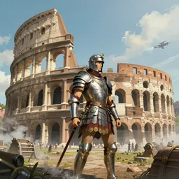 steampunk illustration of colosseum in rome, steampunk city in the background, armored gladiator in front of it, futuristic, lens flare in camera, matte painting, high detail, steam, dreamy, natural light, artstation, by hayao miyazaki