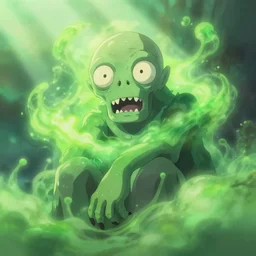 closeup poisoned magic zombie - spirit surrounded by green poison cloud, in a gentle green dawn light, studio ghibli painting, clean cel shaded vector art, eyvind earle, cinematic lighting, volumetric lighting, smooth, sharp focus, highly detailed, render in unreal engine 5, artstation, deviantart, behance, trending, epic composition, octane, light rays, award - winning