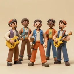 5 member funk band, retro - vintage, neo soul, mixed media with claymorphism, gouache paint, 6 4 mm film, spatialism, matte color palette, designed by artstationhq, retro, 3 - dimensional, gouache 3 d shading, tilt shift, low fi,