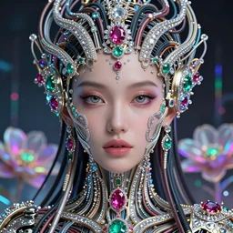 very beautiful woman integrating with technology, full face frontal centered, portrait, insipiring, detailed intricate ornate cables connected to head, big open electric eyes, luxurious detailed abundent wiring and implants, diamonds, ruby, sci - fi, neon, emeralds, ruby, precious detailed technology full background with cyber flowers, highly detailed, artstation, cgsociety, 8 k rene lalique and eddie
