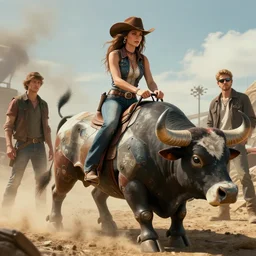 a beautiful rebellious cowgirl riding a mecha bull in 5 0 s gauche by coby whitmore, nikolay makovsky, and charlie bowater. octane render 4 k cinematic
