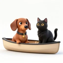 a brown dachshund next to a black cat sitting in a canoe, digital art, wlop, painting, pencil, intricate detail