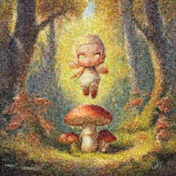 mad kikimora jumping over mushroom forest, sunny autumn, oil painting, symmetrical, glowing eyes, ultradetailed, 8 k, epic atmosphere, digital art by simon cowell and moebius