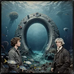 intergalactic stargate portal in the middle of a deep ocean, with strange sea creatures swimming around it and a school of fish in the foreground by rodney matthews and richard eurich, style of tintype