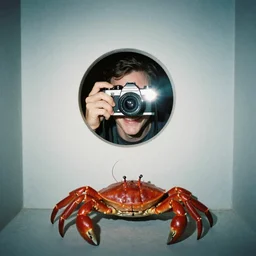 smiling mannequin looking through peephole, liminal space, taken using a film camera with 35mm expired film, bright camera flash enabled, award winning photograph, sleep paralysis demon crabwalking towards camera, creepy, liminal space, in the style of the movie Pulse