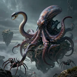 detailed hyper realistic alien octopus demigod which looks deeply intimidating, menacing alien snake fighting giant spiders, floating island on a barren exoplanet, beautiful dramatic moody lighting, cinematic atmosphere, by Jean Giraud, Alex Grey, Zdzislaw Beksiński, Dan Mumford, Patiphan Sottiwilaiphong, Yintion J - Jiang Geping