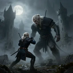 a cthulhu attacking the witcher fortress of kaer morhen, geralt, misty weather, foggy, twilight, moon shine, creepy, otherworldly, 8 k, fantasy, smooth, subtle shadows, fine details, octane render, stunning, intricate, elegant, highly detailed, digital painting, artstation, smooth, sharp focus, raw, art by jakub rozalski