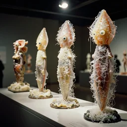 A series of sculptures, Chaotic equation of the squid human psychic boundary a mathematical sculpture exhibit, made from melted plastic and fibre glass ice cream. Lit from above, on sale at auction in Kigali. 35mm film, hyper detail, hyperrealist, polished perfection